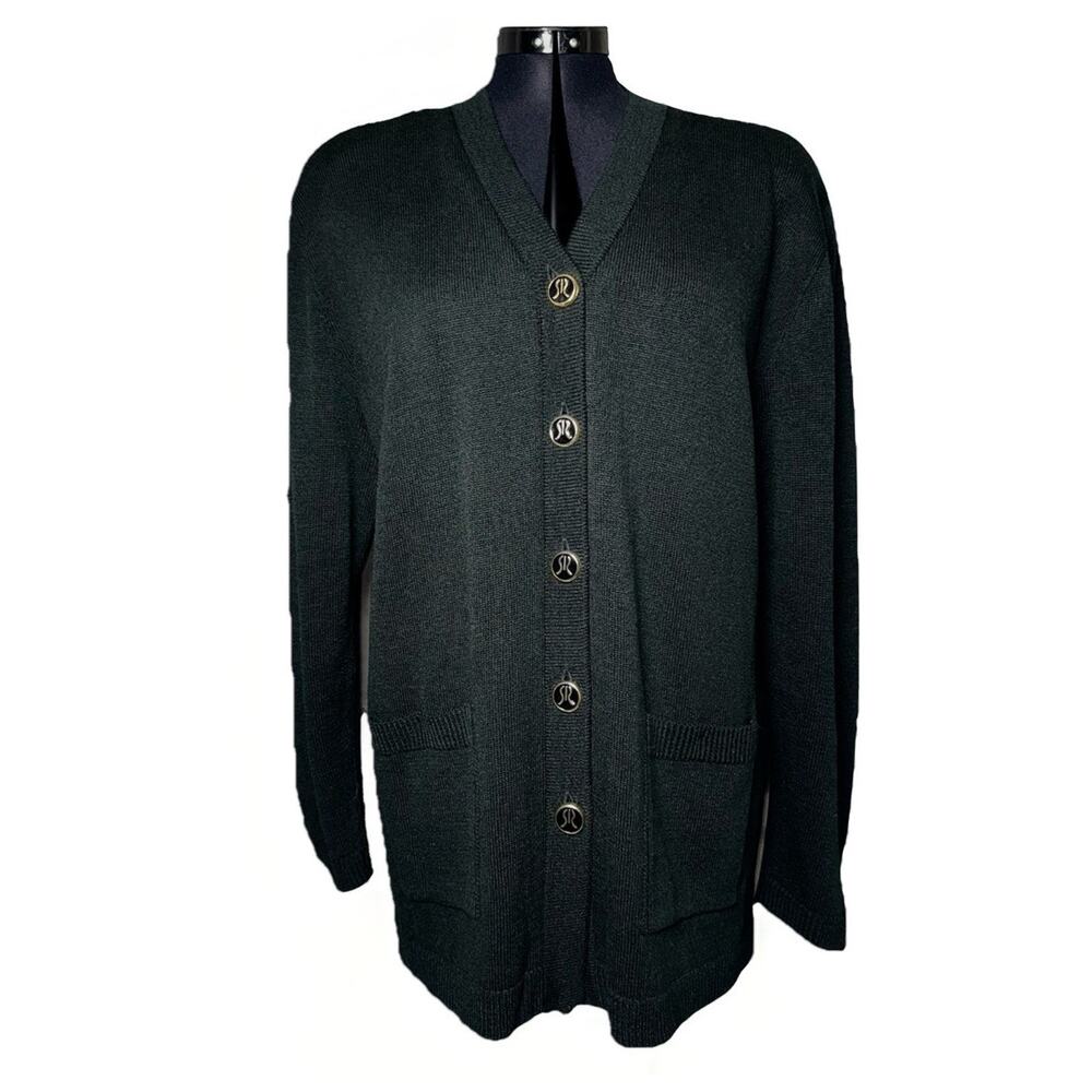 VTG San Remo By Laura Knits XL Tall Sweater Black Cardigan Gold Deco Buttons - Picture 2 of 11
